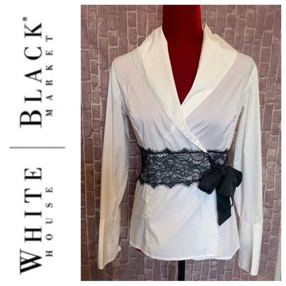 White House Black Market Tops - White Poplin & Black Lace Wrap Shirt